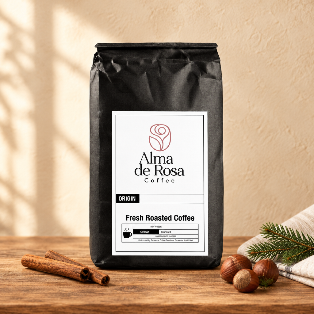 Alma de Rosa Cinnamon Hazelnut coffee bag with seasonal cinnamon and hazelnut styling