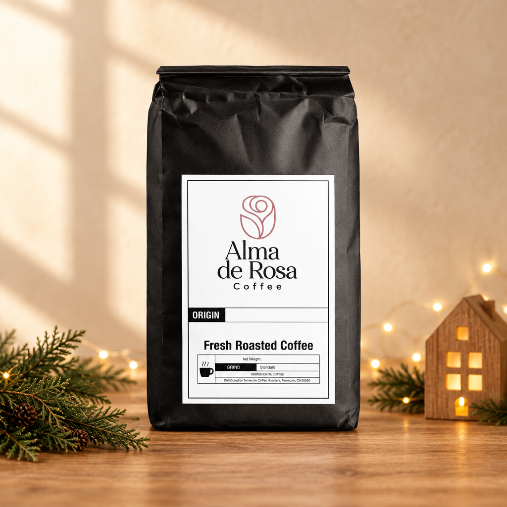Alma de Rosa Holiday Blend coffee bag with cozy holiday styling