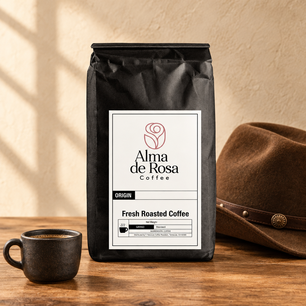 Alma de Rosa Cowboy Blend coffee bag styled with a brown felt cowboy hat on natural oak