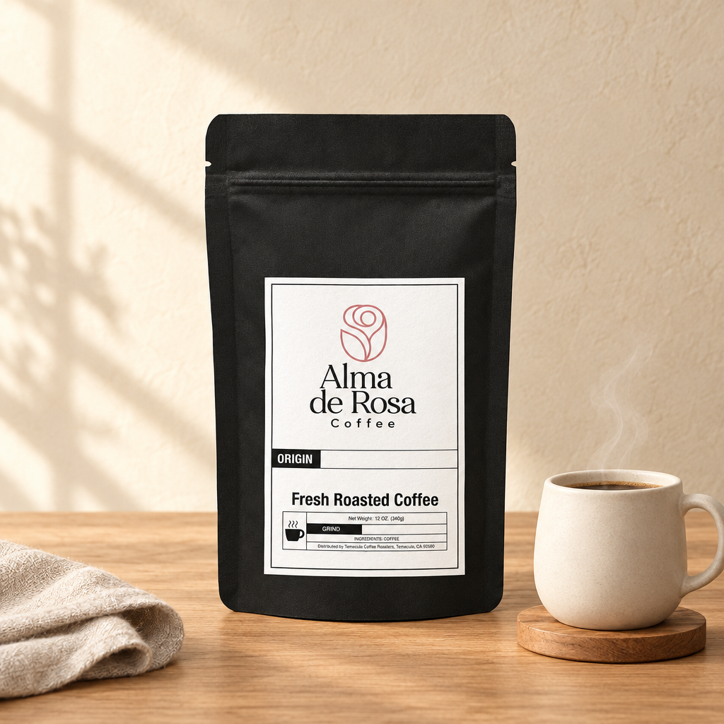 Alma de Rosa House Blend coffee pouch on natural oak with an ivory mug, wooden coaster and oatmeal linen