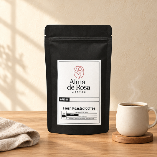 Alma de Rosa House Blend coffee pouch on natural oak with an ivory mug, wooden coaster and oatmeal linen