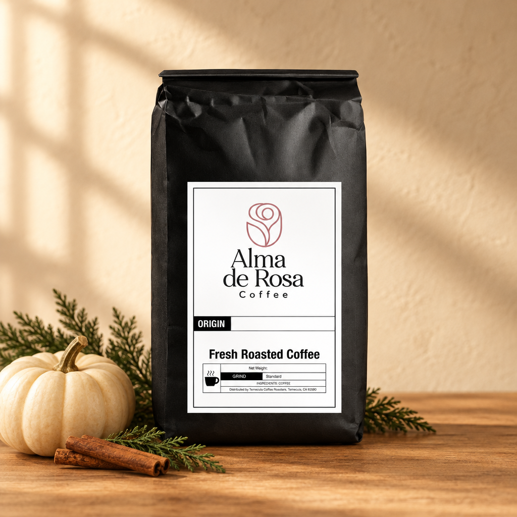 Alma de Rosa Pumpkin Spice coffee bag with seasonal styling