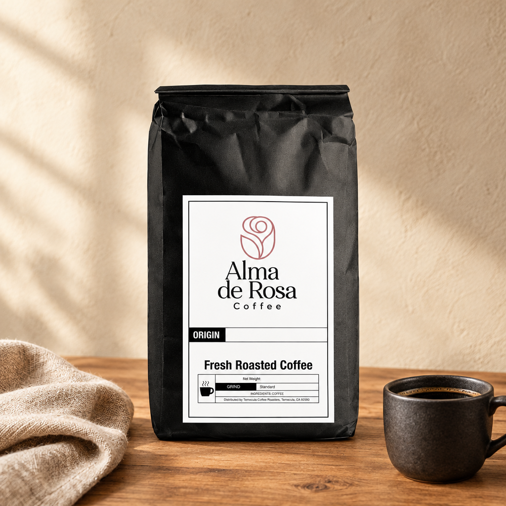 Alma de Rosa Coffee with Mushrooms Dark Roast bag on natural oak with a charcoal coffee cup and linen