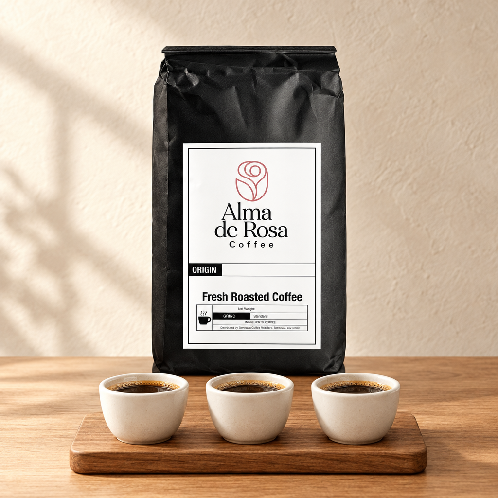 Alma de Rosa Best Sellers Sample Pack coffee bag with a small coffee-tasting arrangement on natural oak