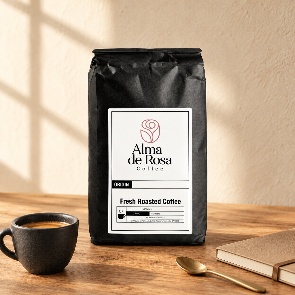 Alma de Rosa Max Caf The Carlitos Blend coffee bag with a charcoal espresso cup and notebook on natural oak
