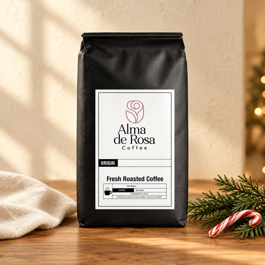 Alma de Rosa Candy Cane coffee bag with candy cane and evergreen seasonal accents