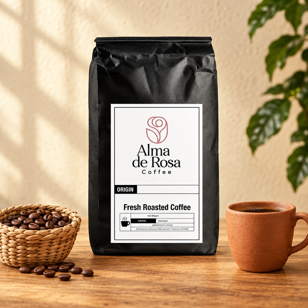 Alma de Rosa Colombia coffee bag with a woven basket and terracotta coffee cup on natural oak