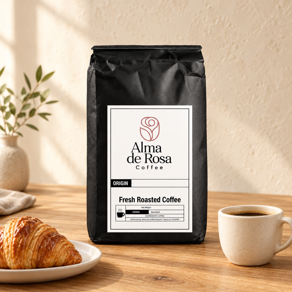 Alma de Rosa Breakfast Blend coffee bag styled with a croissant and ivory coffee cup on natural oak