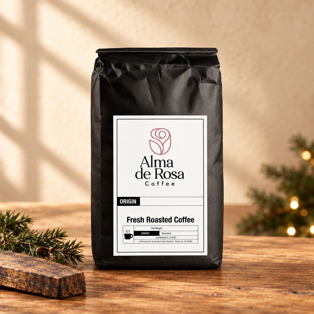 Alma de Rosa Whiskey Barrel Aged coffee bag with oak and evergreen seasonal styling