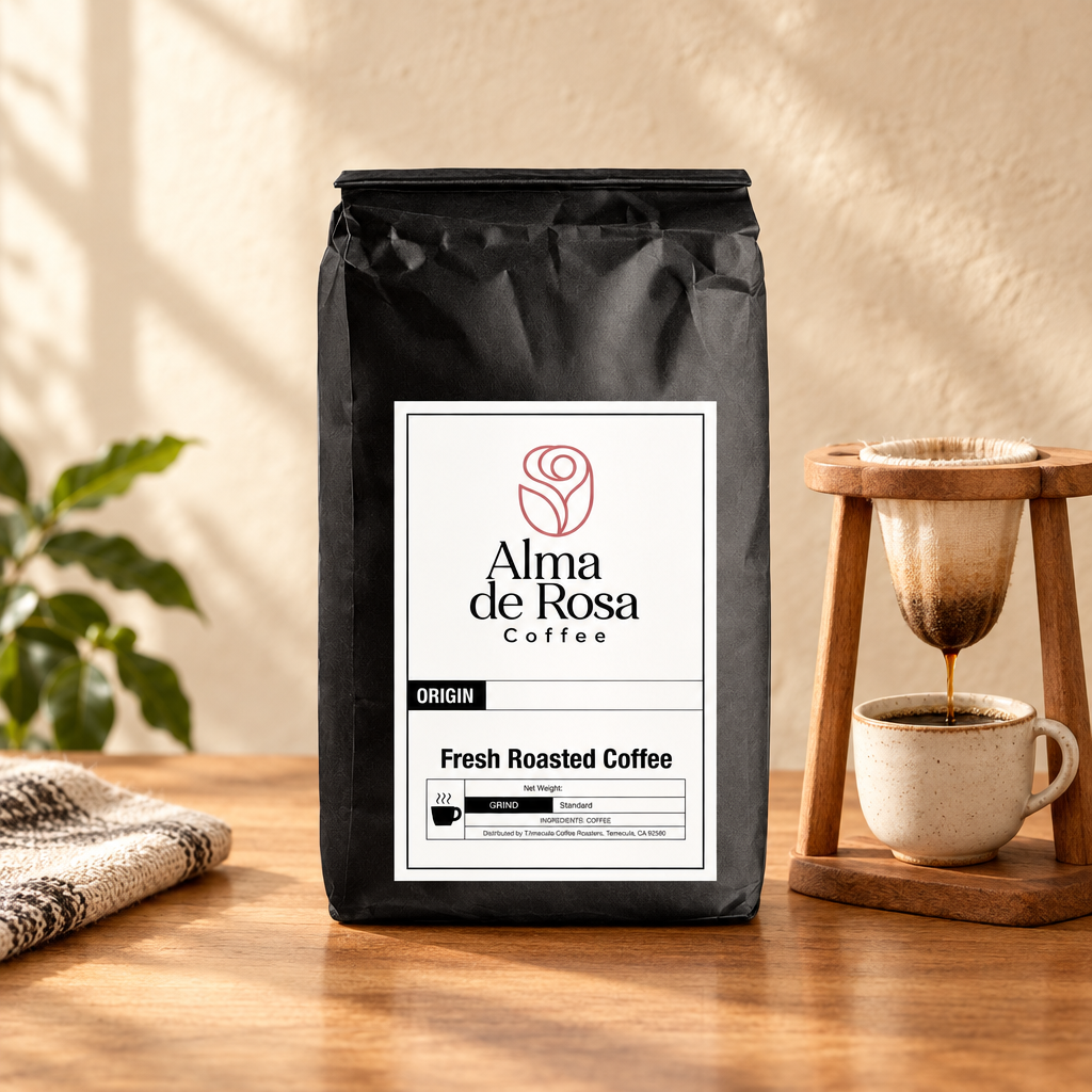 Alma de Rosa Costa Rica coffee bag styled with a traditional chorreador brewer on natural oak