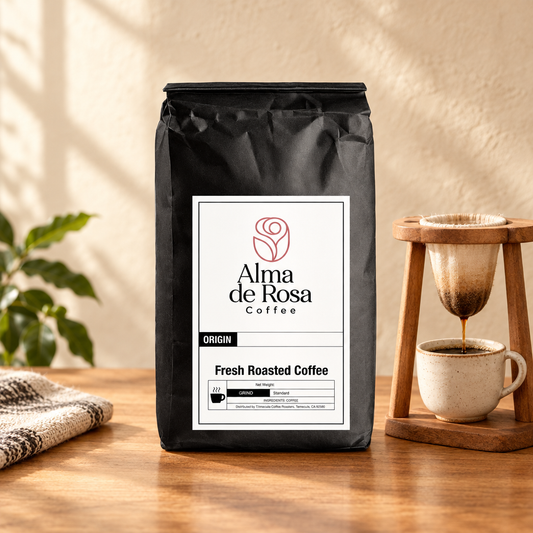 Alma de Rosa Costa Rica coffee bag styled with a traditional chorreador brewer on natural oak